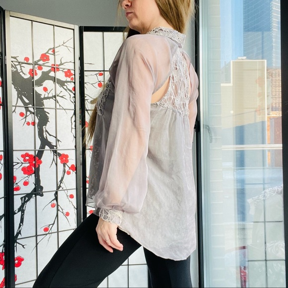 Anthropologie RYU: Flare LACE & GRAY Guipure Chiffon Cut Out Blouse Top - Picture 17 of 17